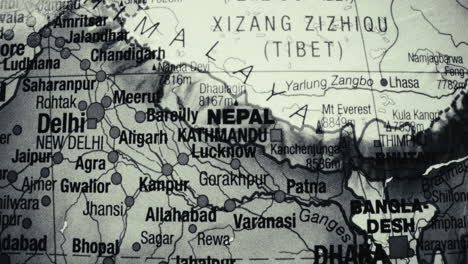 close-up black and white map of india, nepal, and surrounding regions
