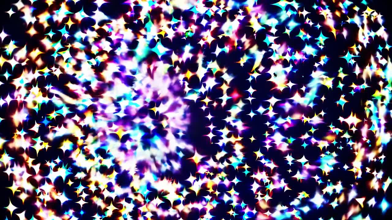 Animated colorful stars are swirling and rotating, creating a magical and festive atmosphere against a dark background, ideal for celebrations, holidays, or special events