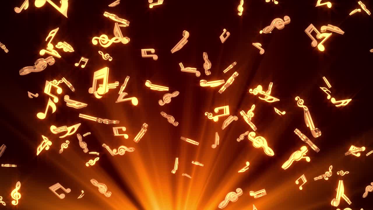 Abstract golden glittering music notes flying from light ray screen for classical modern music clips