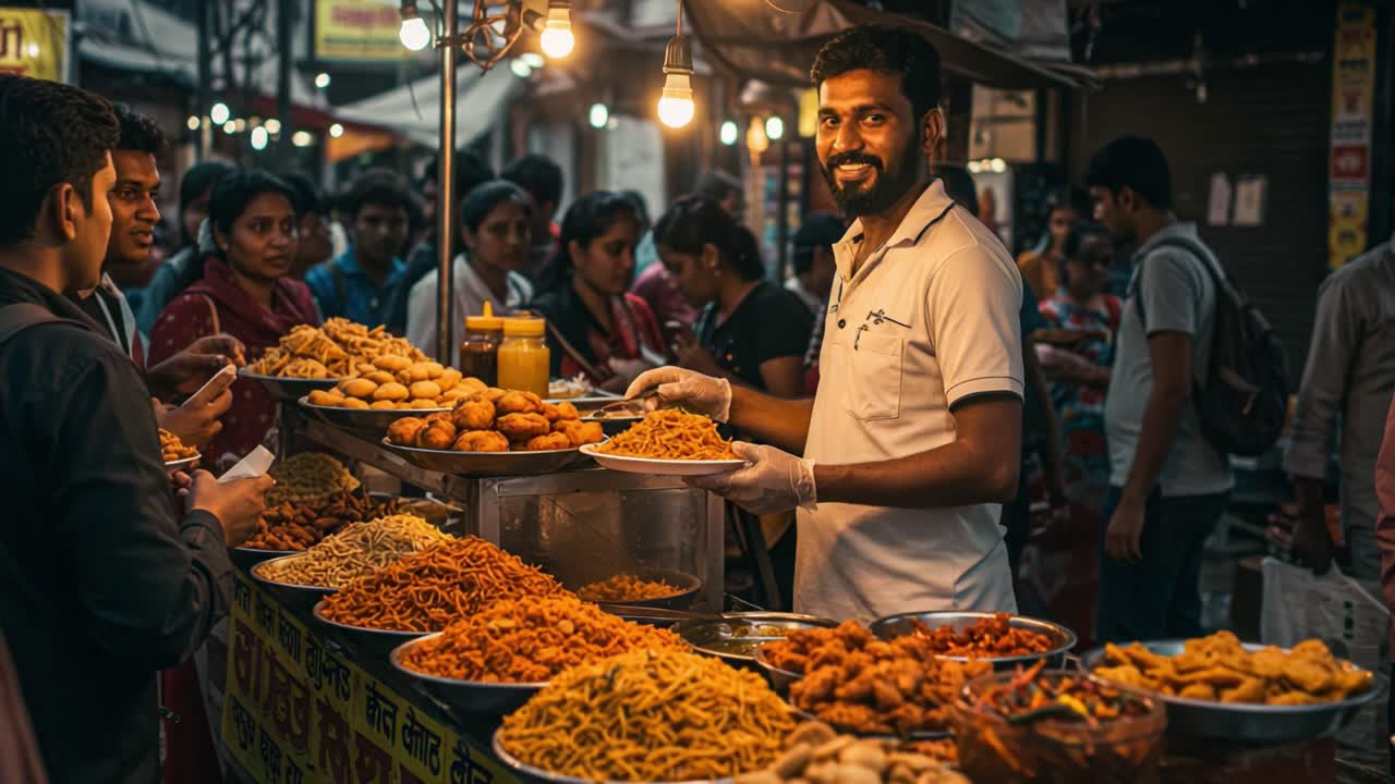 Vibrant Night Market Experience: A Street Food Vendor Showcases an Array of Delicious Snacks, Captivating Hungry Customers in a Bustling Atmosphere Filled with Laughter and Flavor