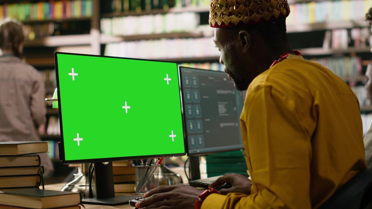Green screen desktop monitor with tracking markers beside african student