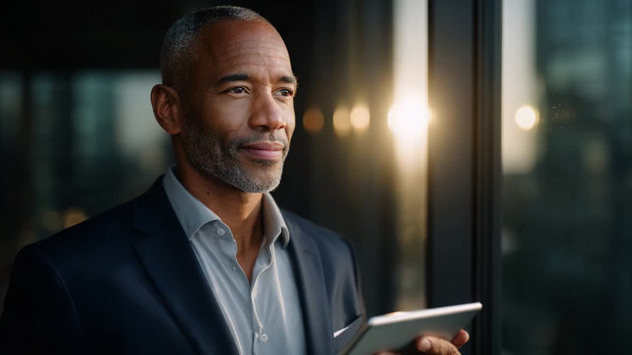 A contemplative man with a distinguished grey beard and a smart suit gazes thoughtfully out of a window during sunset, holding a tablet, reflecting on his thoughts and life choices in a serene urban setting