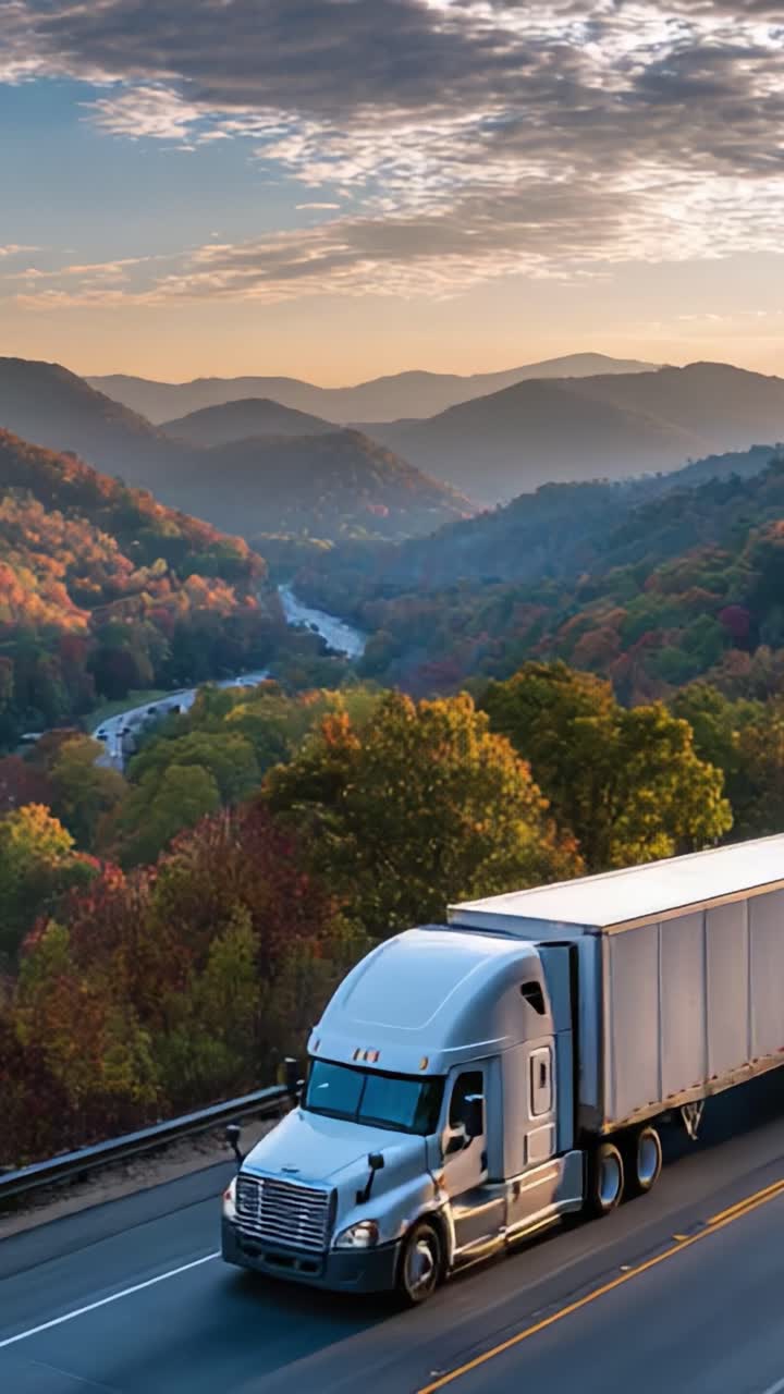 Un viaggio panoramico: un camion percorre una strada tortuosa tra maestose montagne autunnali sotto un cielo colorato all'alba