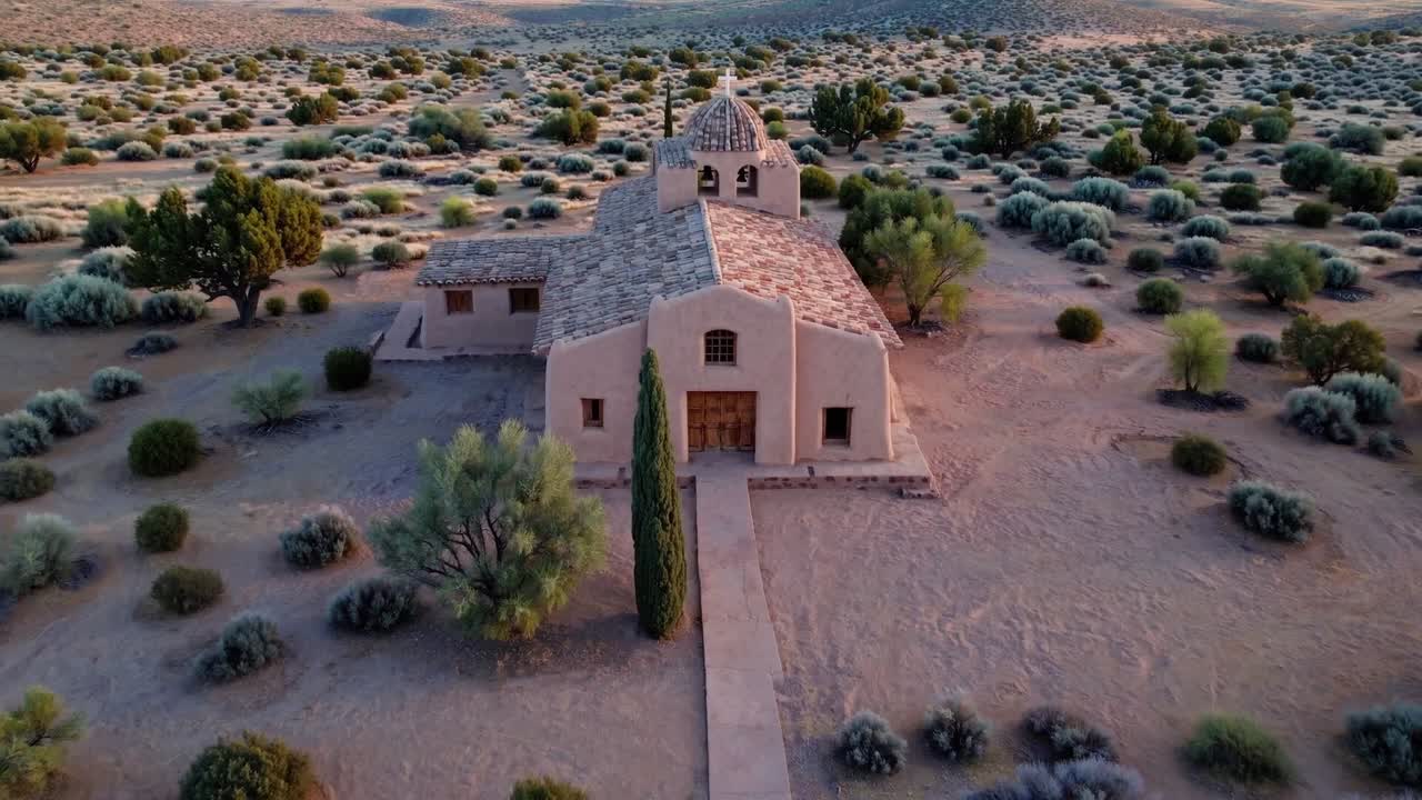 Aerial view of a rustic building surrounded by desert landscape, showcasing the structure's unique architecture and natural surroundings in a continuous motion sequence
