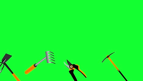 working gardening tools elements  animation, seamless loop on green screen chroma key