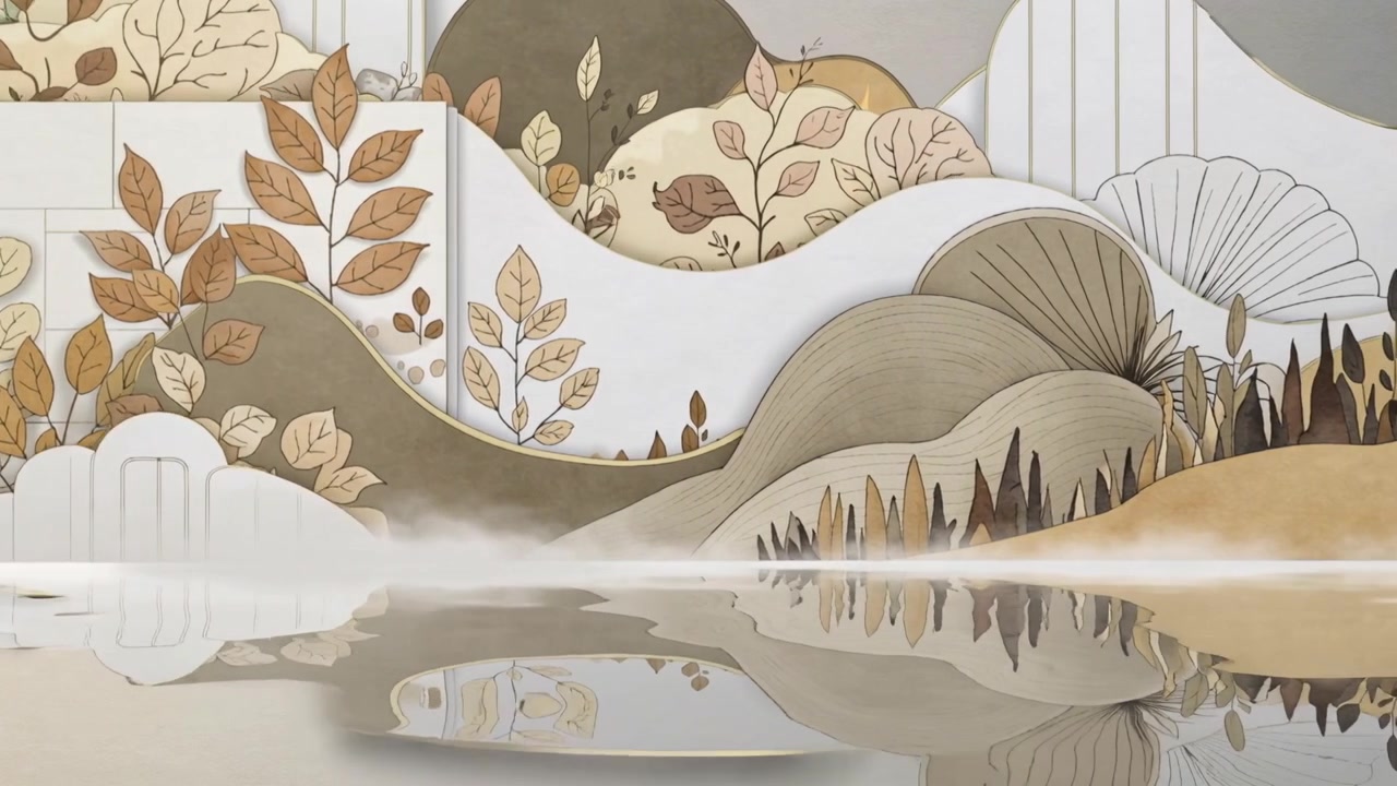 重ねられた紙のパネルがスライドし、丘が滑り込み、曲線的な風景、広がる水面、立ち上る霧が姿を現す