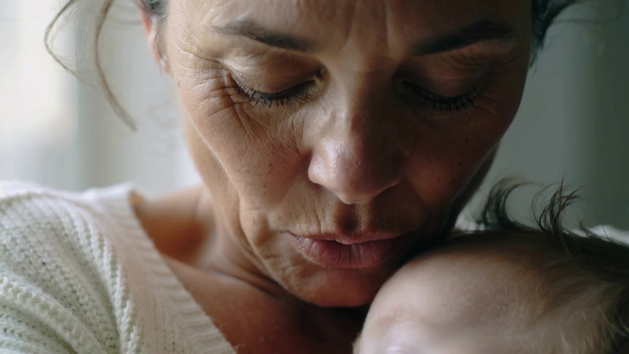 Mãe embalando e apertando o bebê contra o peito depois de adormecer perto da janela, franzindo os lábios, suéter de tricô