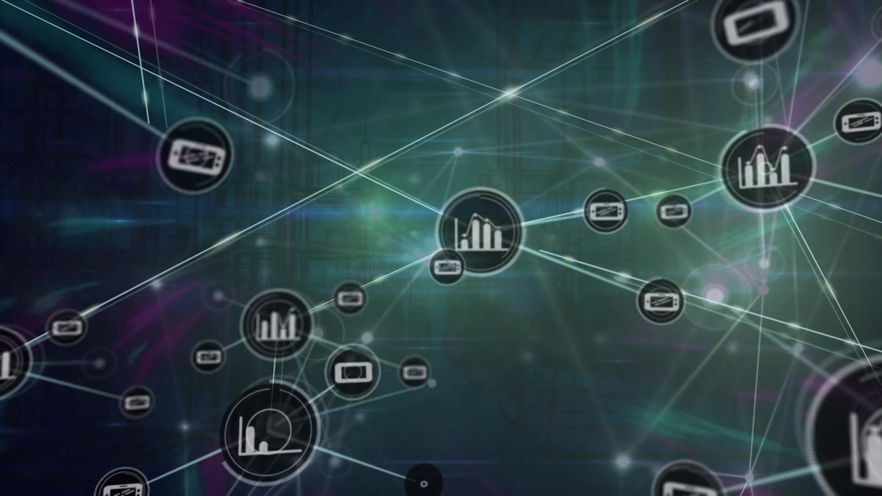 Animation of network of connections with icons and light trails over black background
