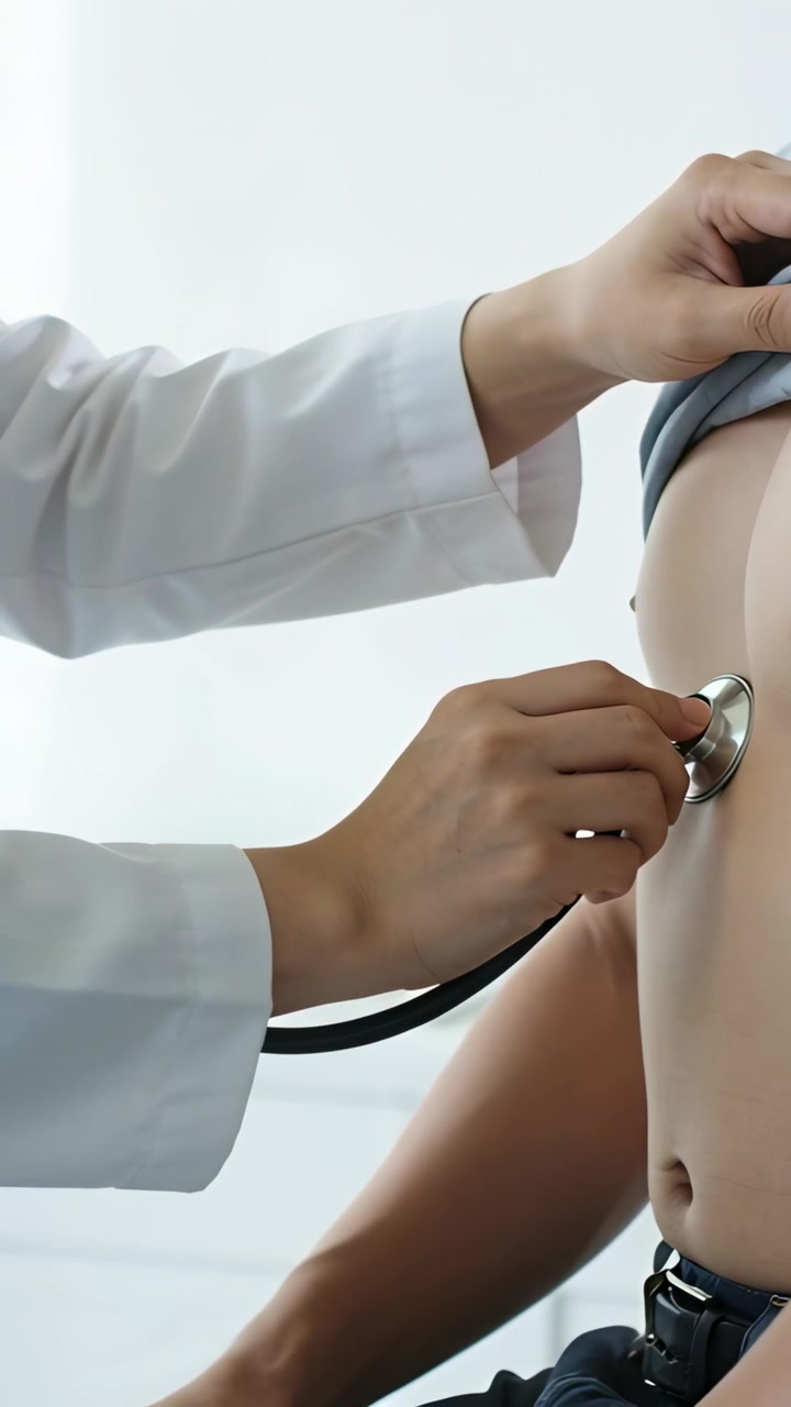 Dikey video: Gömleğini kaldıran, klinikte muayene için karnına stetoskop yerleştiren beyaz önlüklü doktor