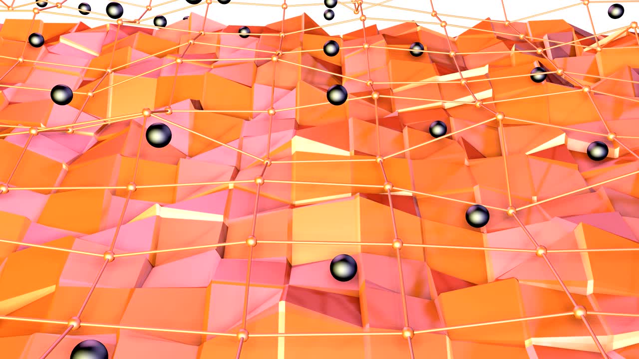 baja superficie polimétrica 3d con cuadrícula o malla voladora y esferas negras como fondo creativo. suave fondo polimétrico bajo de polígonos rojos naranjas puros. fondo de bucle sin costuras 4k fullhd