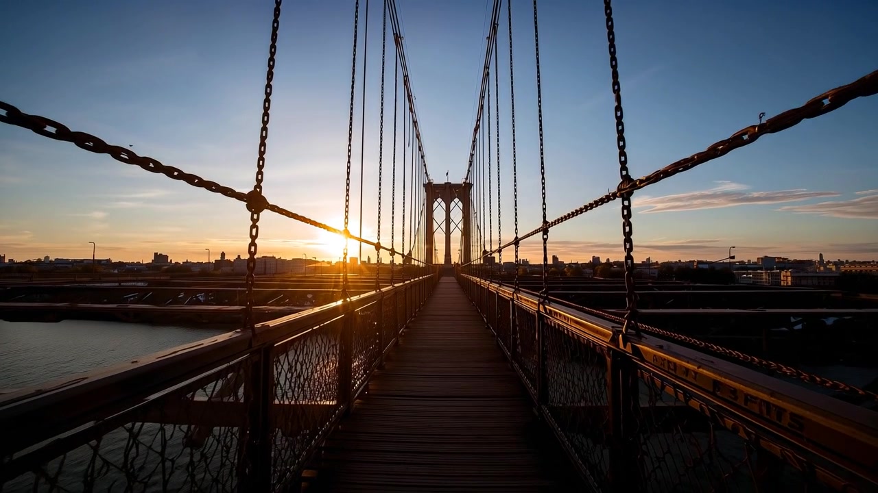Inquadratura che inizia dietro una recinzione a maglie, avanzando lungo una passerella di legno verso una torre che cattura il bagliore del sole.