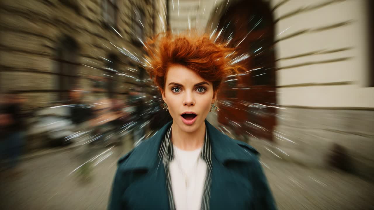 Astonished Expression: A Young Woman with Fiery Red Hair Surrounded by a Blurred Background, Capturing a Moment of Surprise and Wonder in an Urban Setting