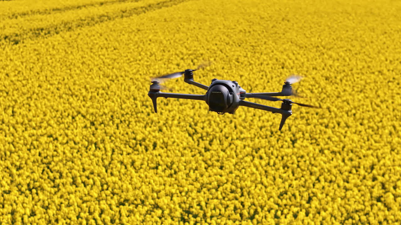 Close-up of drone wings mid-flight above a yellow field on a clear sunny day