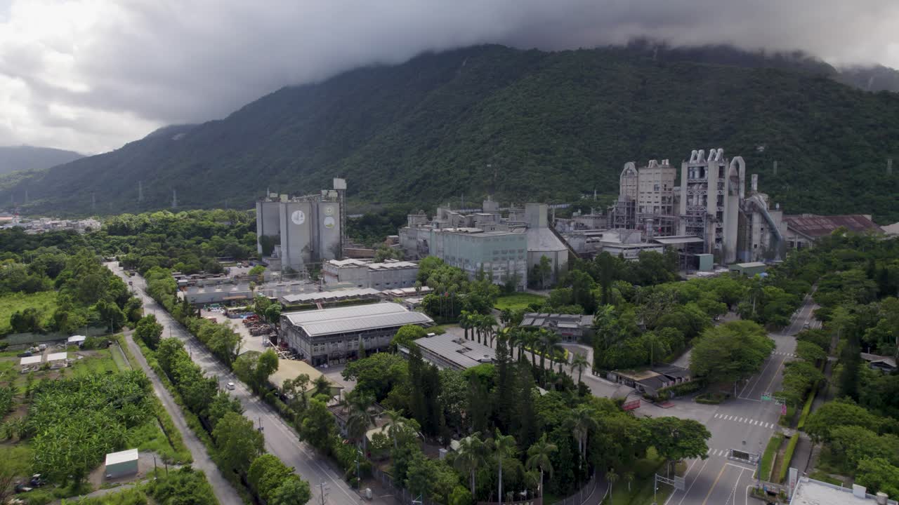 Circular aerial view of the local cement factory at Xincheng Township in Hualien County, Taiwan, entrance to the beautiful Taroko National Park on the east coast of the Island of Taiwan