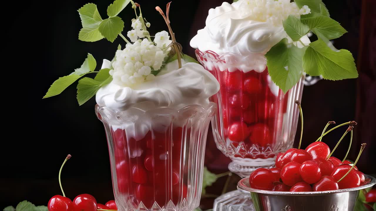 Two crystal glasses are filled with delicious cherries in syrup and topped with whipped cream, elderflowers, and green leaves, creating an elegant and appetizing dessert