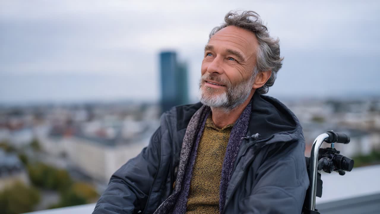 Contemplative Moment: A Man in a Wheelchair Gazes Thoughtfully at the Cityscape from an Urban Rooftop, Embracing Life's Perspectives and Opportunities