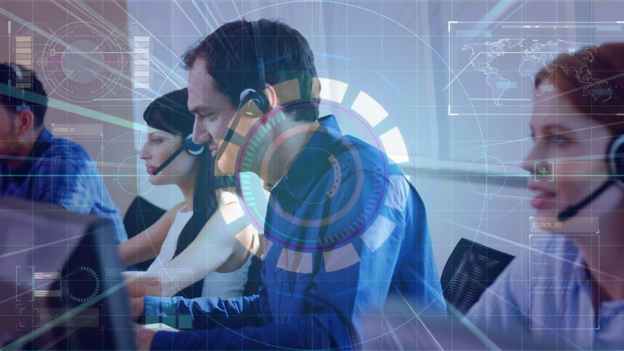 animación de la red de conexiones a través de personas de negocios que usan auriculares telefónicos