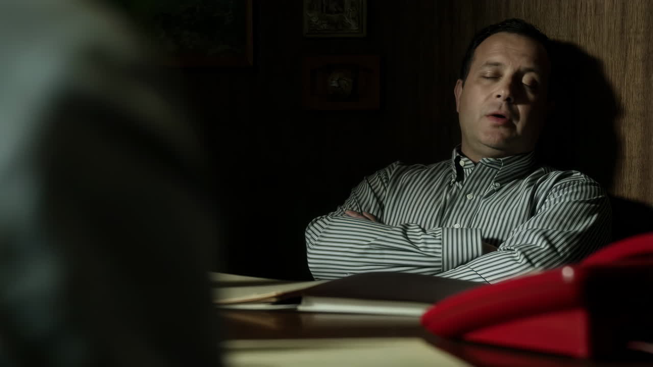 Man sleeping or unconscious in a dimly lit office