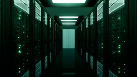 green server racks moving through the opening doors in database. looped 3d animation with flickering computer lights. big data cloud technology concept.