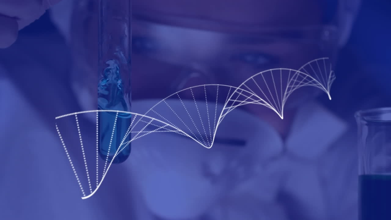 Animation of spinning dna strand over scientist in laboratory