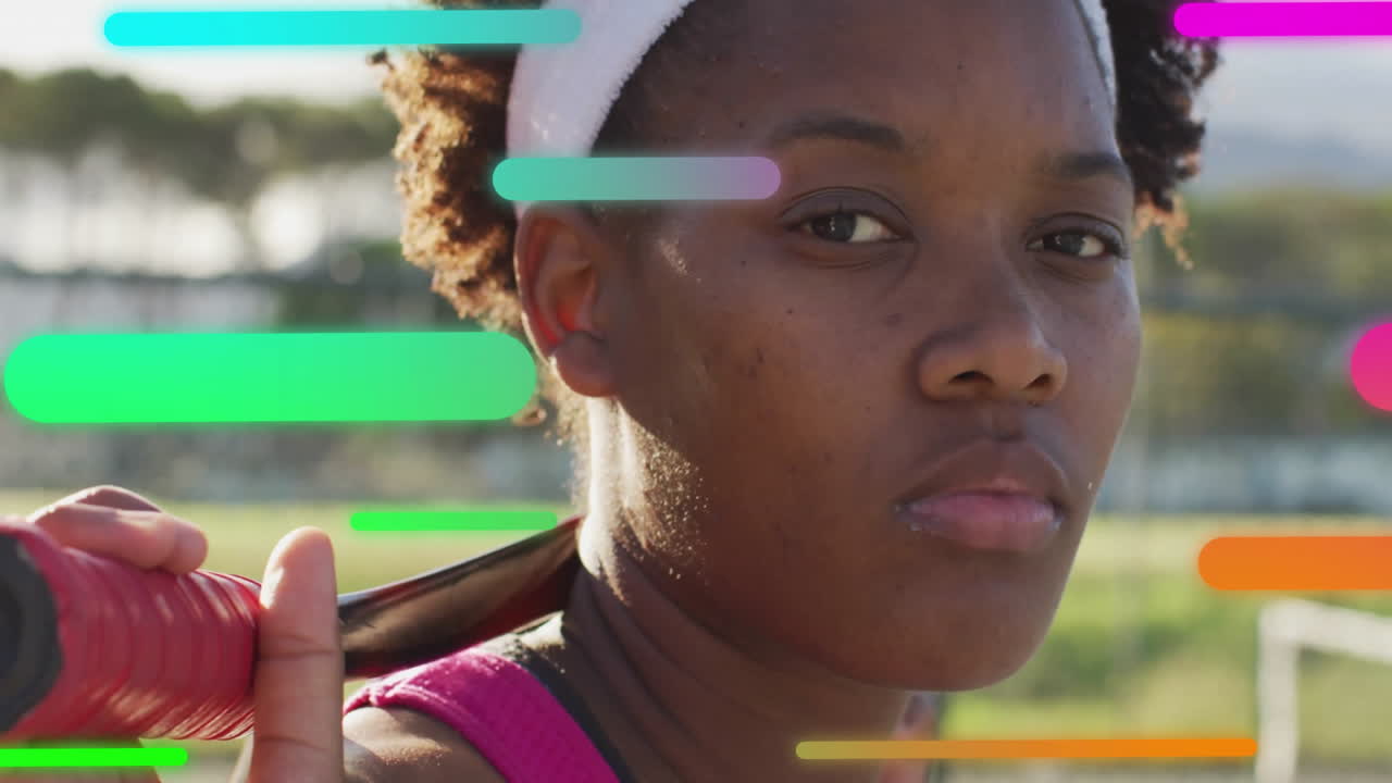 Female athlete holding bat on shoulder with gradient bars overlaying sports tech design