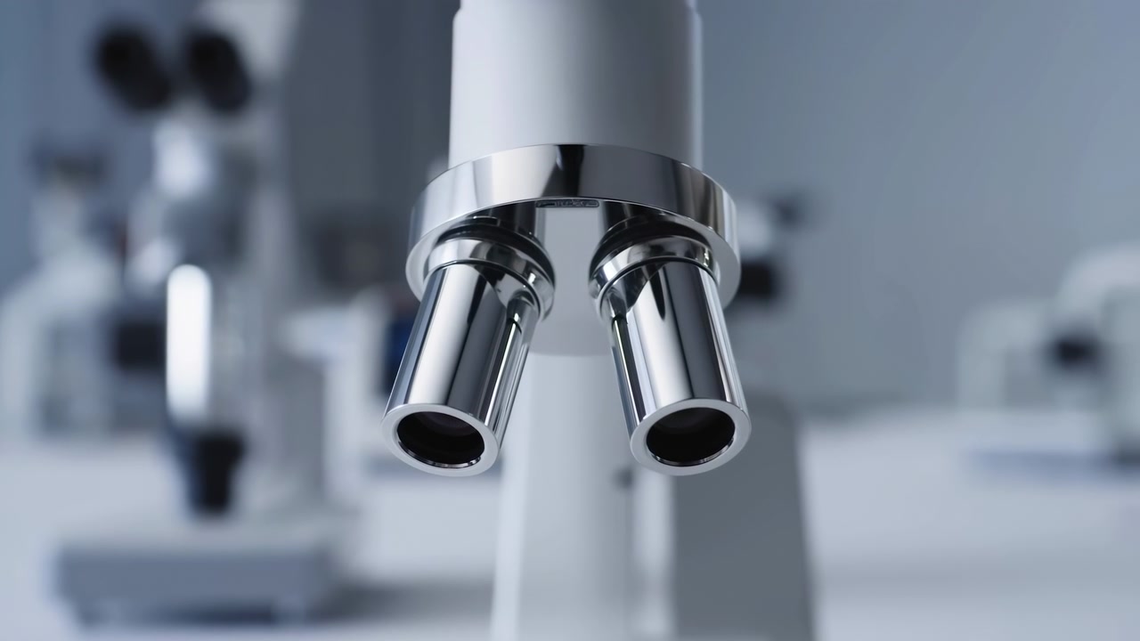 Close view moves steadily toward twin microscope objectives, revealing reflective metal surfaces while white laboratory instruments remain softly out of focus in cool, even light.