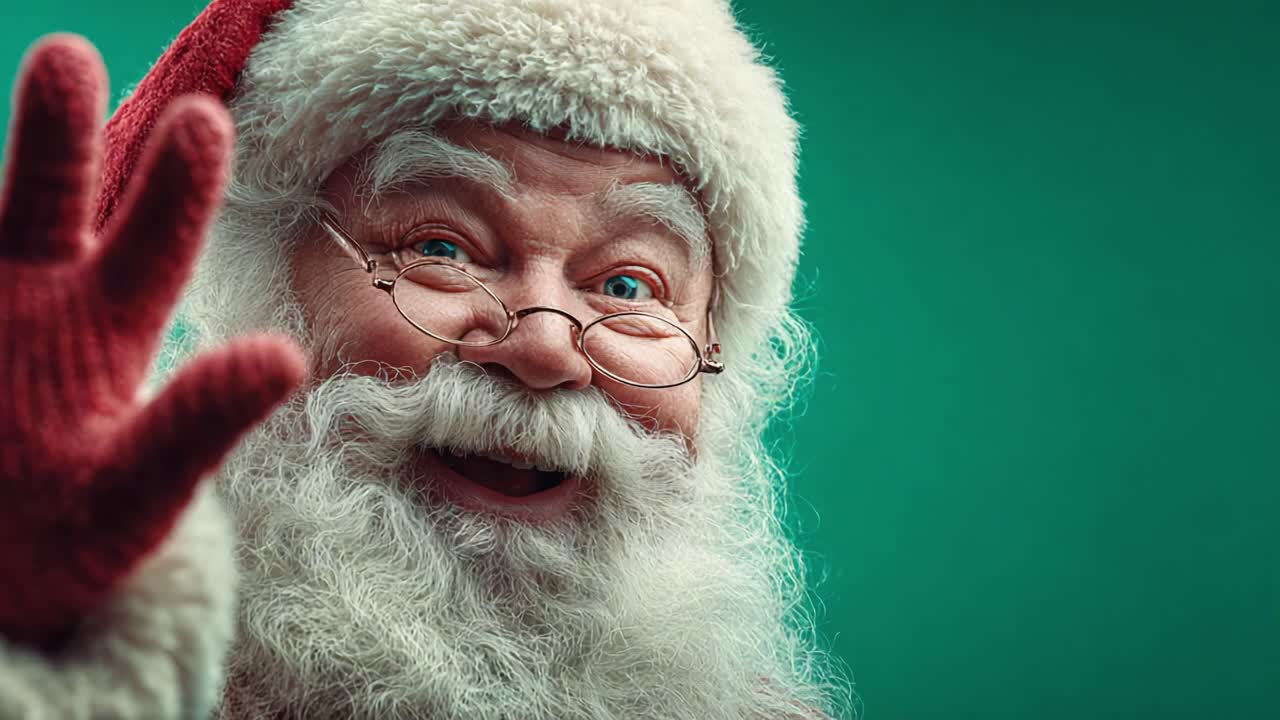 A Cheerful Santa Claus Waving with a Warm Smile Against a Festive Green Background, Spreading Joy and Holiday Spirit on Christmas Eve