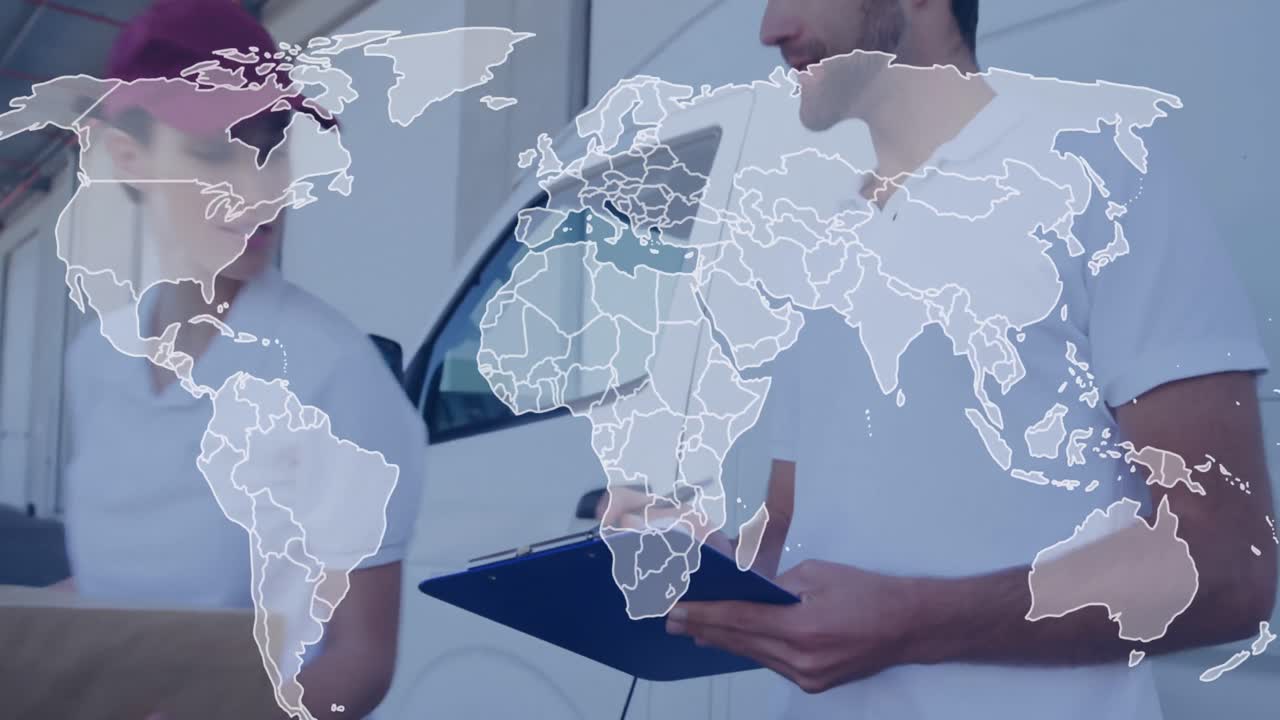 animación del mapa del mundo sobre los entregadores caucásicos hablando y sonriendo