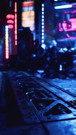 paisaje urbano cyberpunk con luces de neón y detalles grungy