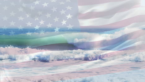 digital composition of waving us flag against waves in the sea