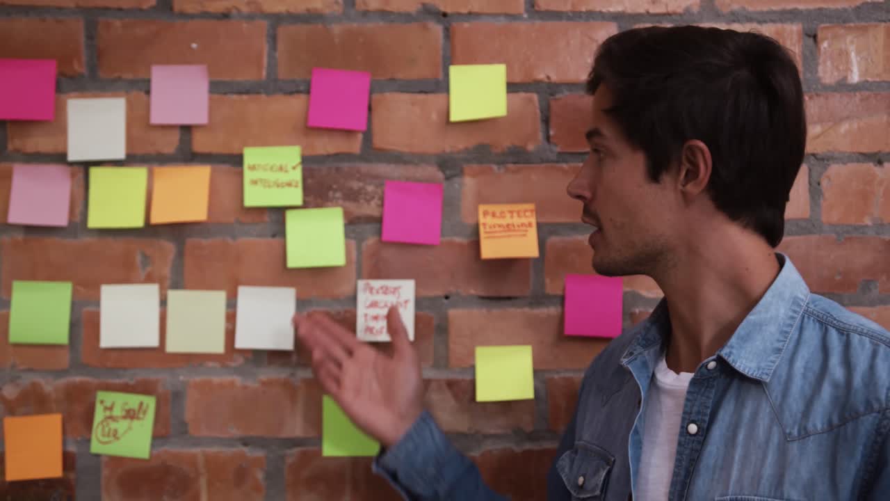 Creative businessman giving  a presentation referring to memo notes