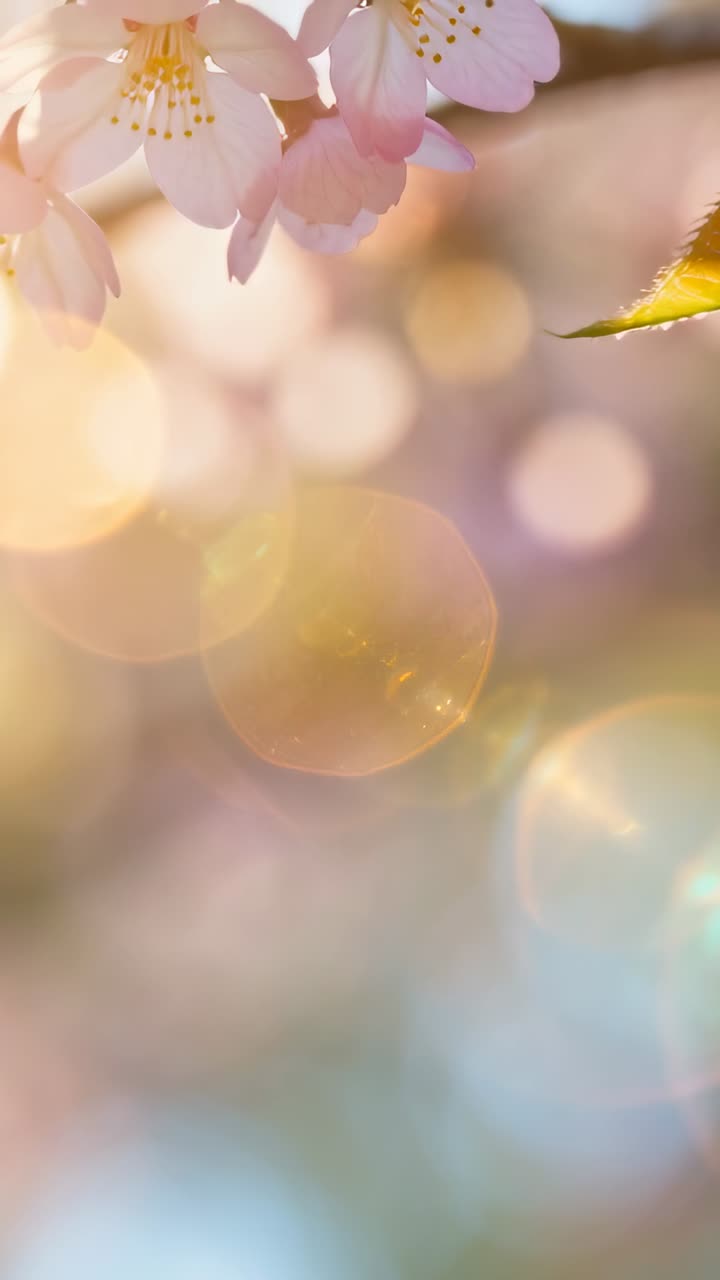 Vertical video: Shifting lens revealing cherry blossoms on branch in sunlit park, copy space
