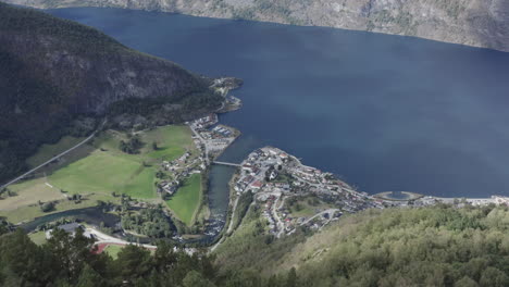 norwegian fjord village aerial view