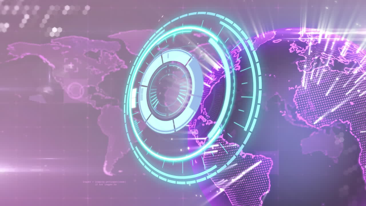 Animación de procesamiento de cerradura de seguridad sobre red de comunicación global púrpura brillante