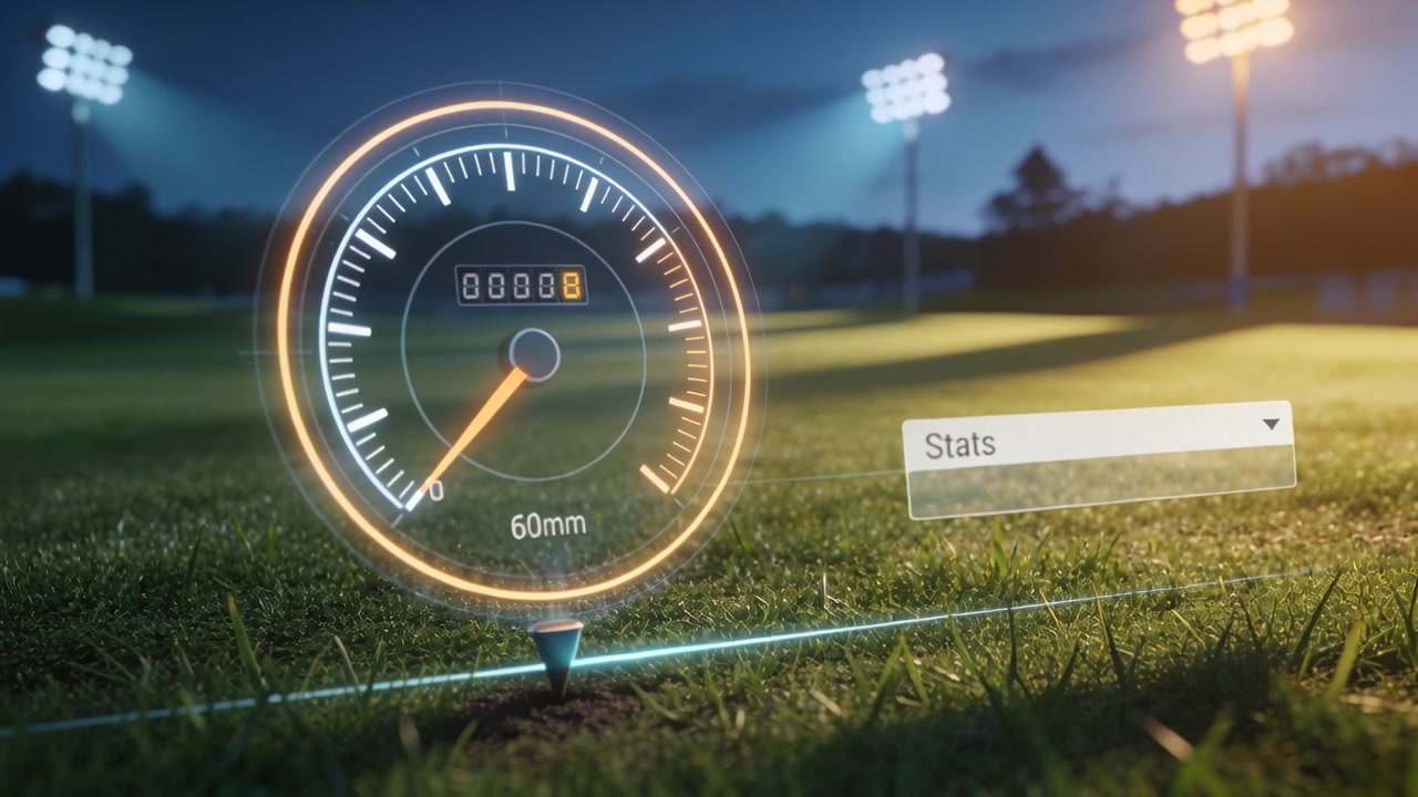 Appearing holo gauge over golf tee at golf range, needle sweeping counter showing distance