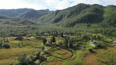 Lofoten-Islands-Nature-Landscape-and-Small-Village-Hamlet-in-Nordland,-Norway---Aerial-4k