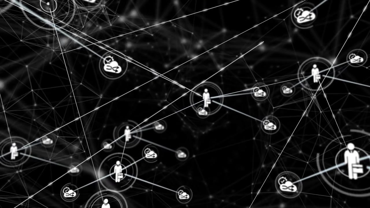 Central pictogram activating, sending lines and spawning icons to show network growth and links