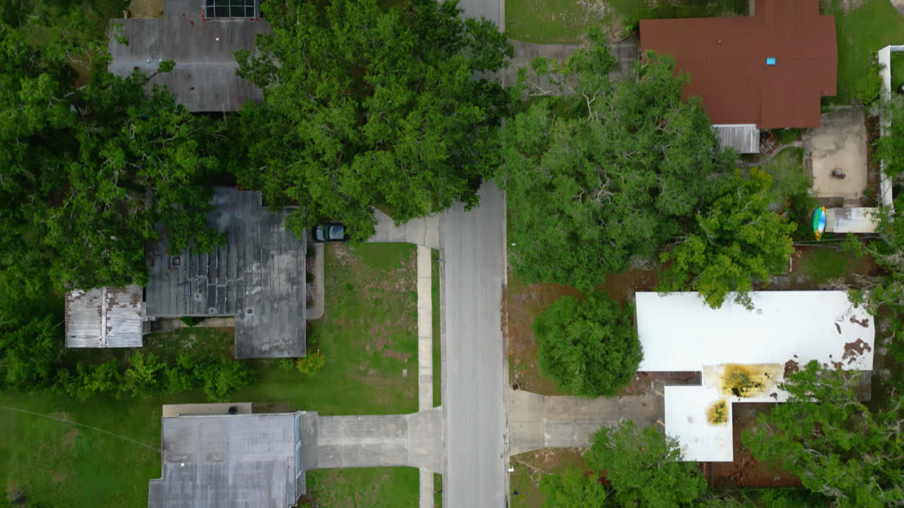 Top down low flying aerial view of a residential suburban street lined with houses in Tampa Florida surrounded by green trees