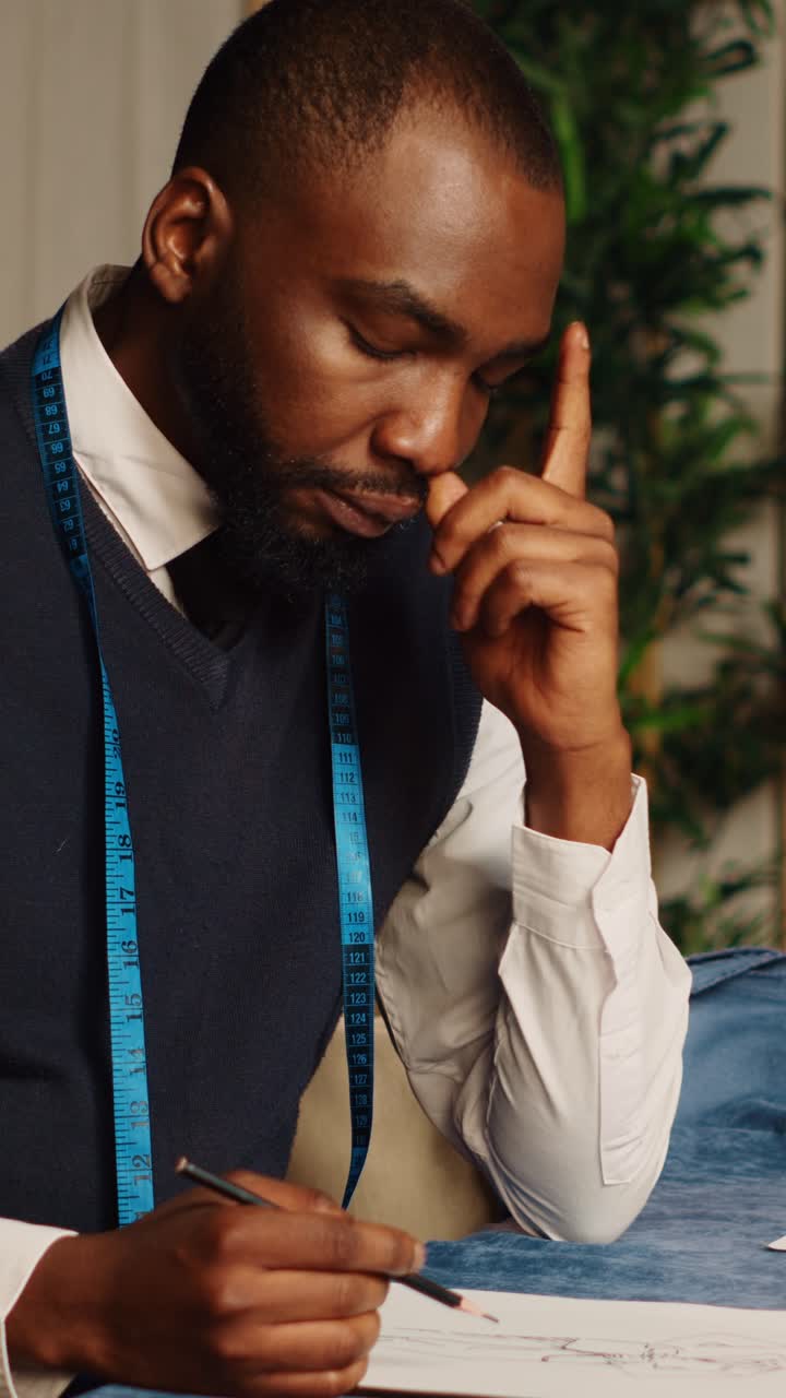 Vertical video African american tailor drawing clothes