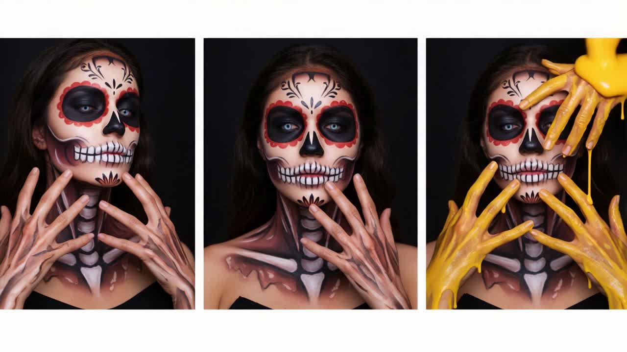 Enestående transformasjon avslørt: Fengslende hodeskalle-makeupkunst kombinert med uhyggelig gul substans for en slående visuell effekt