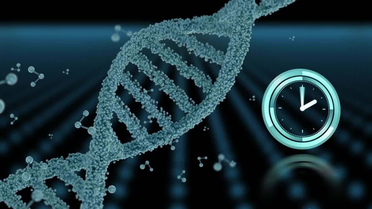 animación de reloj moviéndose sobre cadena de adn y moléculas en fondo negro