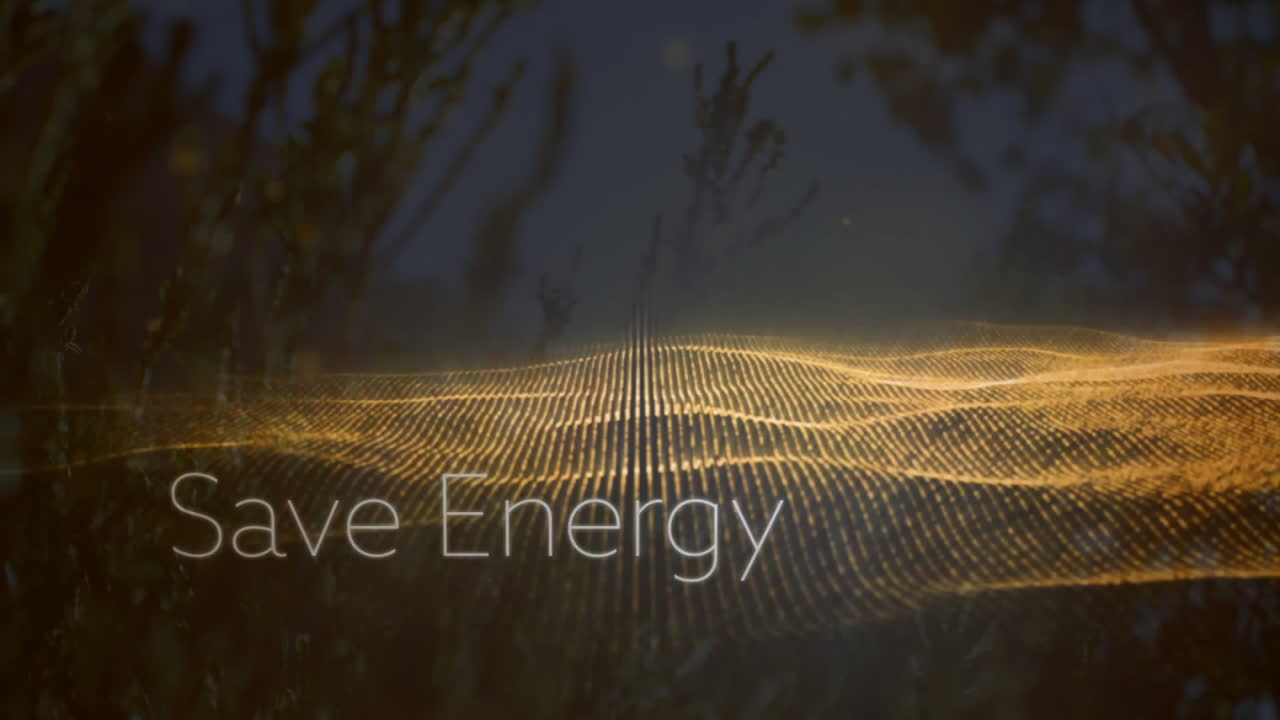 Glowing golden grid wave flowing across screen, displaying Save Energy message over foliage