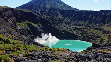 stunning volcanic crater lake with turquoise water and rising steam