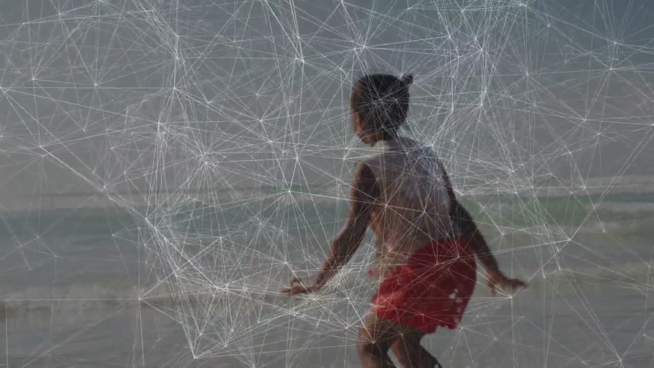 Girl hopping as small wave approaches shore, stepping and balancing while tech net tracking motion