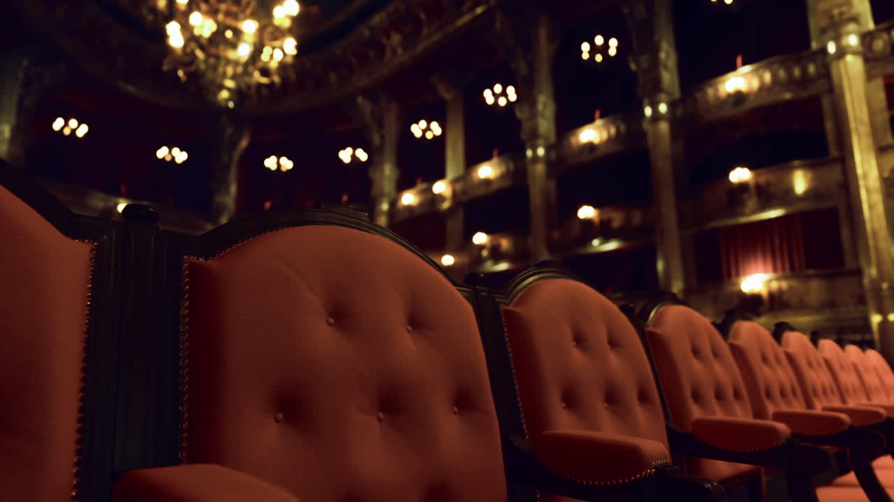 Elegant red seats arranged in a vintage theater setting at night