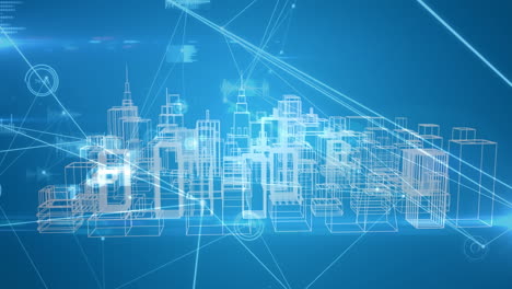 animation of network of connections and data processing over city on blue background