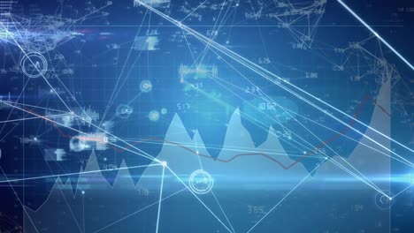 Animation-Des-Datenverarbeitungsnetzes-Aus-Verbindungen-Und-Symbolen,-Die-über-Statistiken-Auf-Blauem-Hintergrund-Schweben