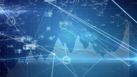animation of data processing web of connections and icons floating over statistics on blue backgroun
