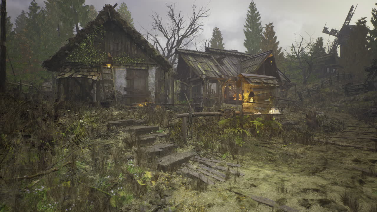 Mystical forest dwellings illuminated by soft lantern light in twilight hours