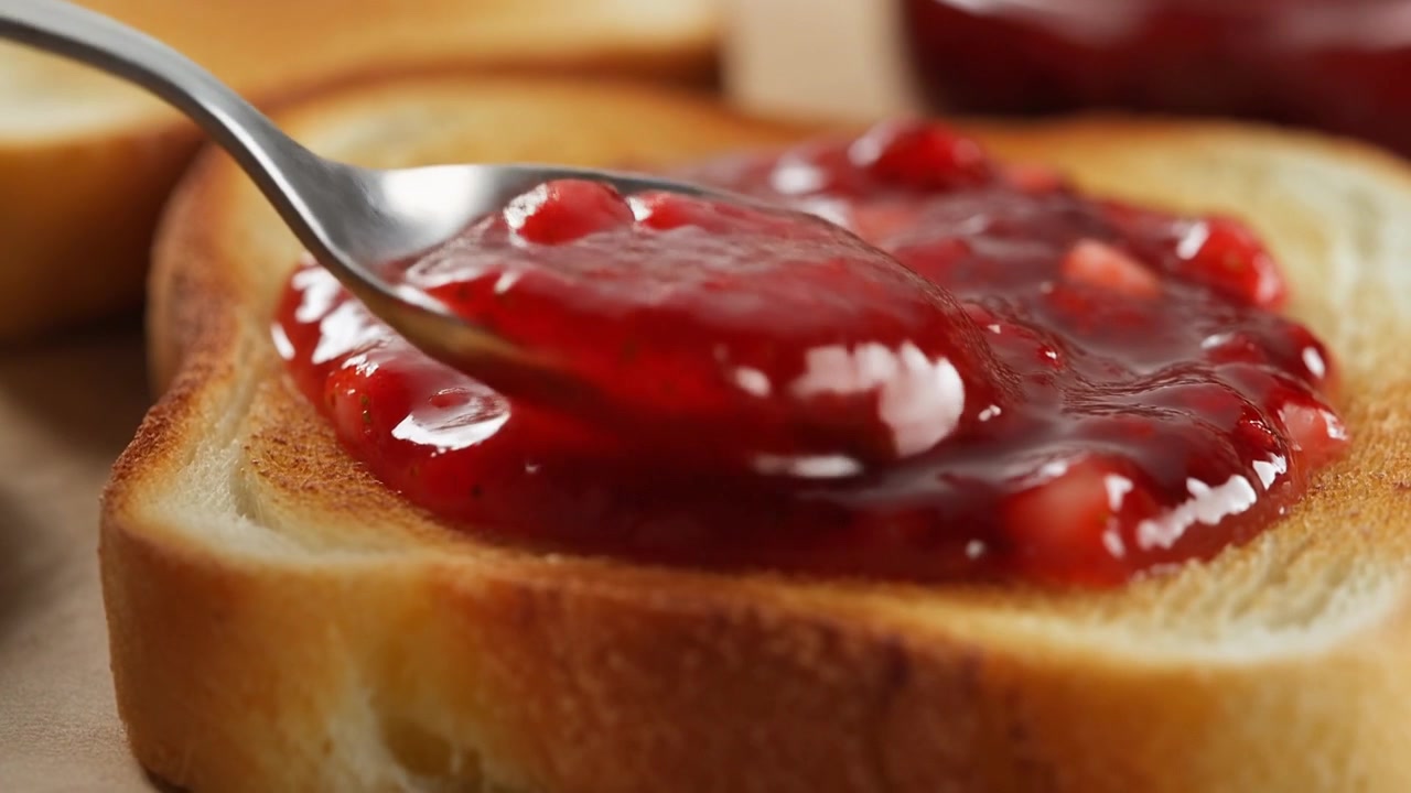Spalmare marmellata di fragole su una fetta di pane tostato